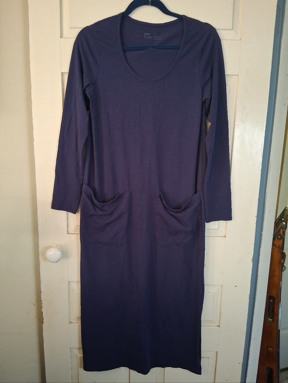 Pact Organic Cotton Long Sleeve Pocket Maxi Dress w/ Side Slit in Dark Blue Sz M